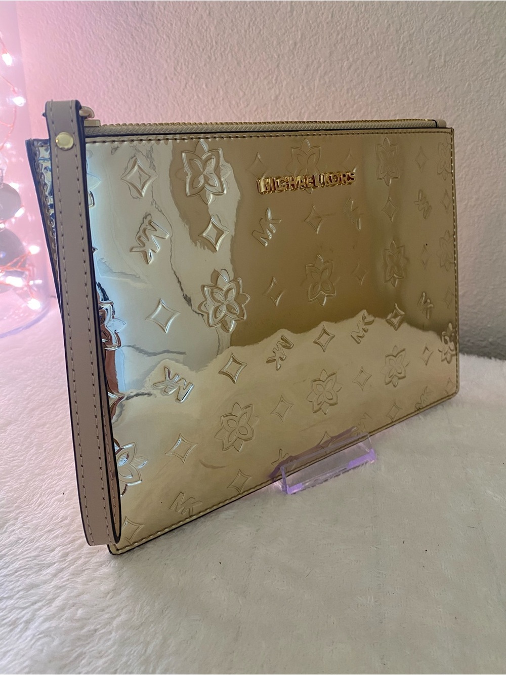 Michael Kors Gold Embossed, Mirror-Metallic Patent Wristlet Clutch XLarge